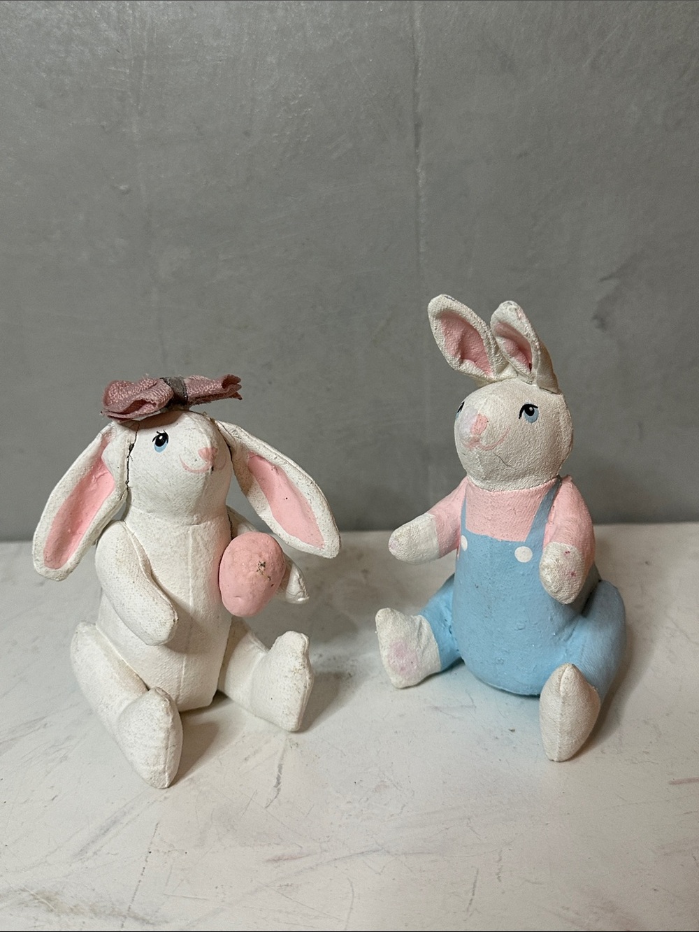 2 VINTAGE HANDMADE CLOTH PAINTED BUNNY FIGURES